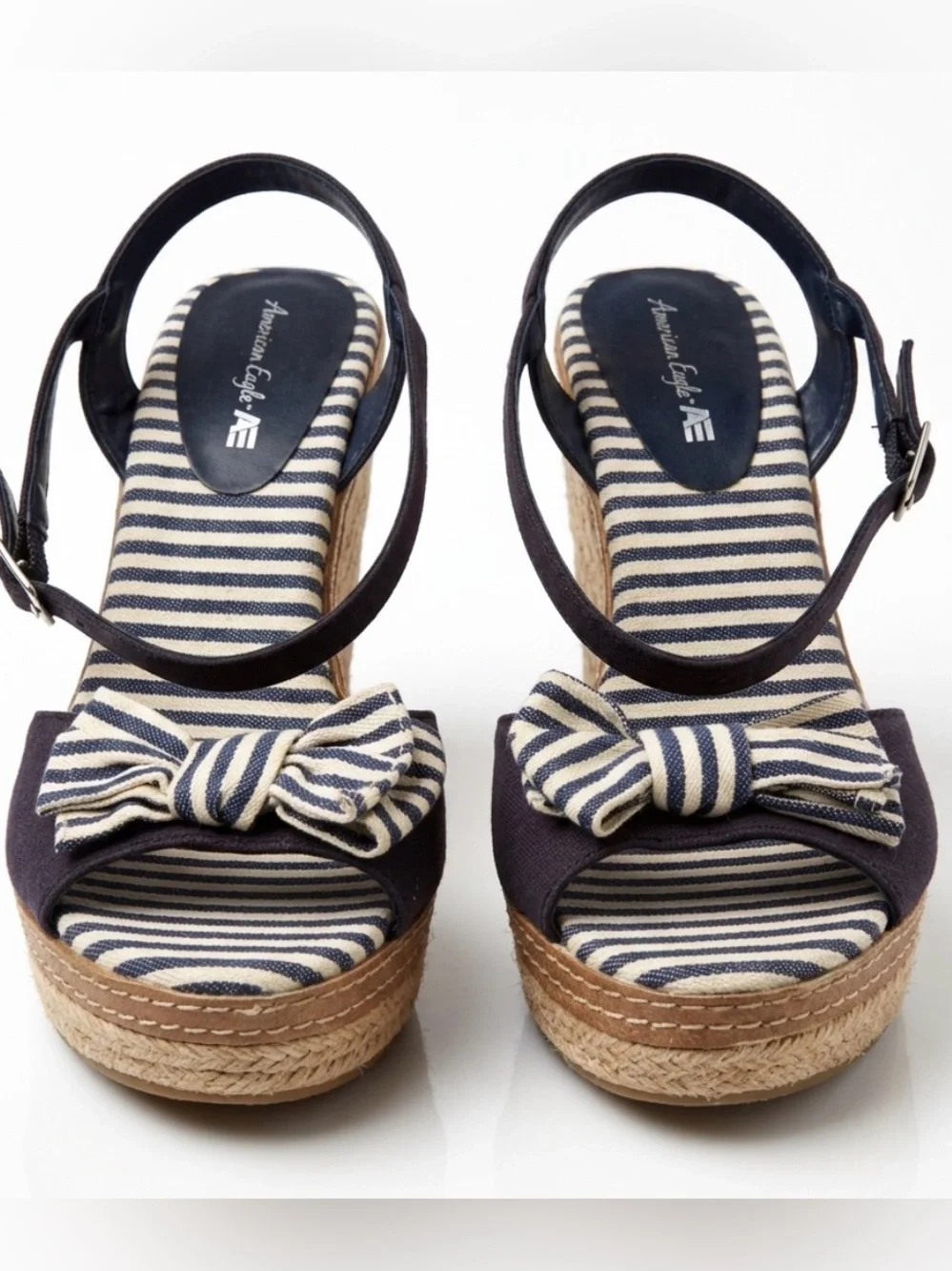 American Eagle Outfitters Navy and Cream Striped Espadrille Wedges - Picture 1 of 7